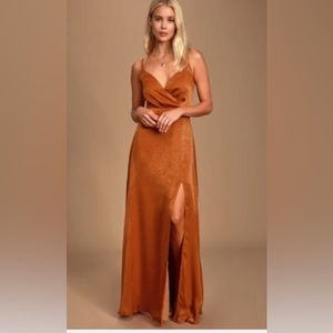Lulus Constantine Rust Orange Satin Maxi Dress with Slit